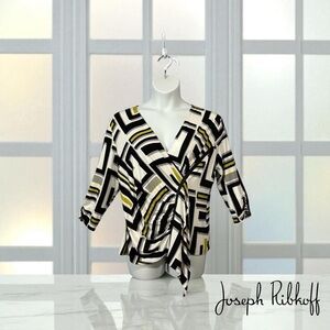 Joseph Ribkoff, Abstract Geometric Wrap Top, Size 18, White, Black, Yellow